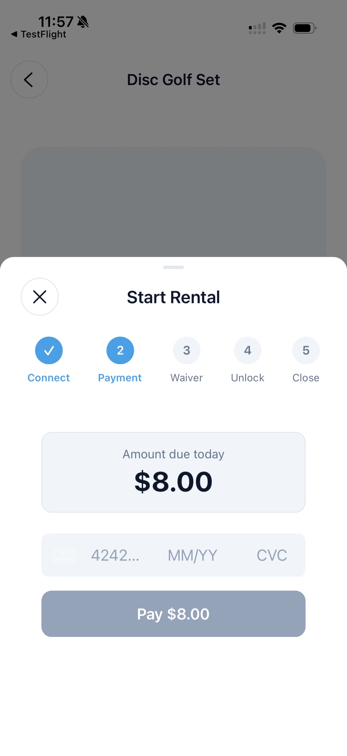 ProFlight start rental payment sheet with amount due and pay button