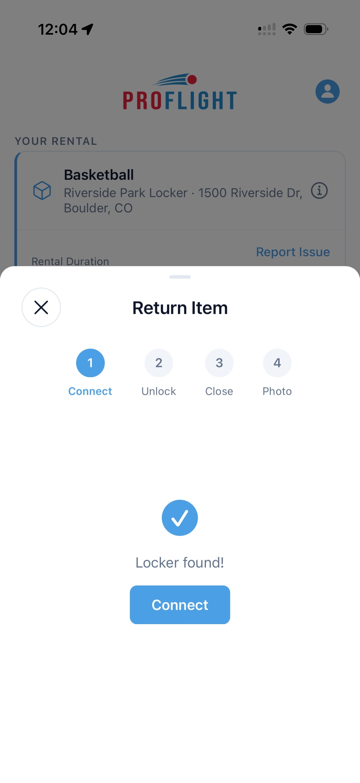 ProFlight return item flow showing connect, unlock, close, and photo steps
